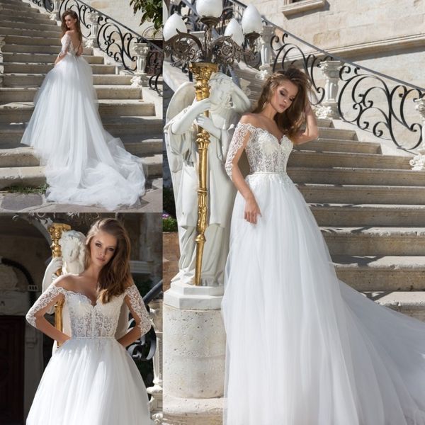 

2019 eva lendel tulle a line свадебные платья sheer off плечо свадебные платья с длинными рукавами vestido wed dress, White