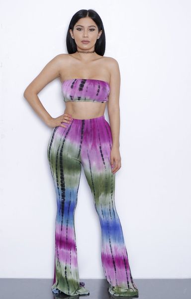 

Active Tie Dye Flare Pants Women Tracksuits American Hot Sale Wide Leg Pants +Sexy Bra Crop Tops Women Pants 2 Piece Set 2xl