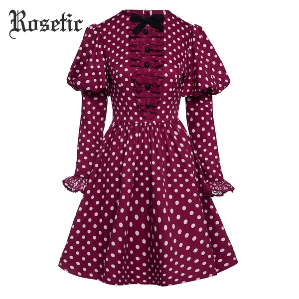 

rosetic gothic vintage lolita dress polka dot women autumn retro bow lace 60s party student girl cute harajuku goth casual dress, Black;gray