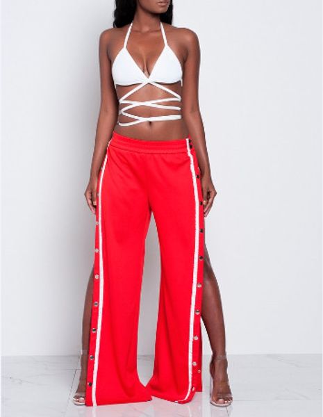 

rivets high waist pure color side buttons split loose wide-legt long pants, Black;white