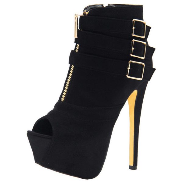 

kolnoo new classic style handcrafted ladies high heel spring boots three buckles&ziper deco peep-toe halloween party fashion booties x1815, Black