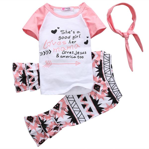 

1-6t soft cotton summer toddler baby girls short sleeve t-shirt +long pants+ headband 3pcs outfits clothes set, White