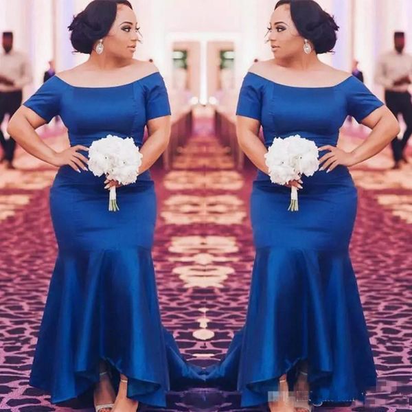 

African Royal Blue Plus Size Bridesmaid Dresses 2018 Satin Short Sleeves Mermaid Maid Of Honor Gowns High Low Wedding Guest Prom Party Dress