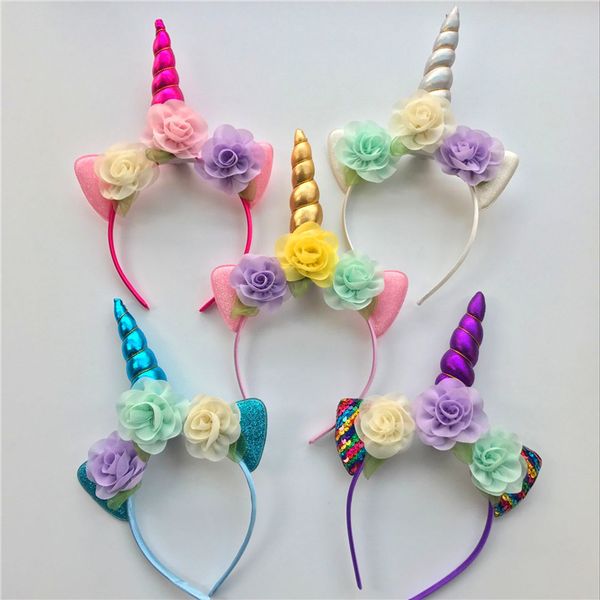 

2018 блеск металлический Единорог оголовье девушки шифон цветы Hairband для детей лист