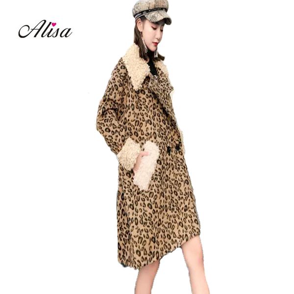 

fashion leopard print woolen overcoat ladies winter coats 2018 new long sleeve double breasted loose casual medium long parkas, Black