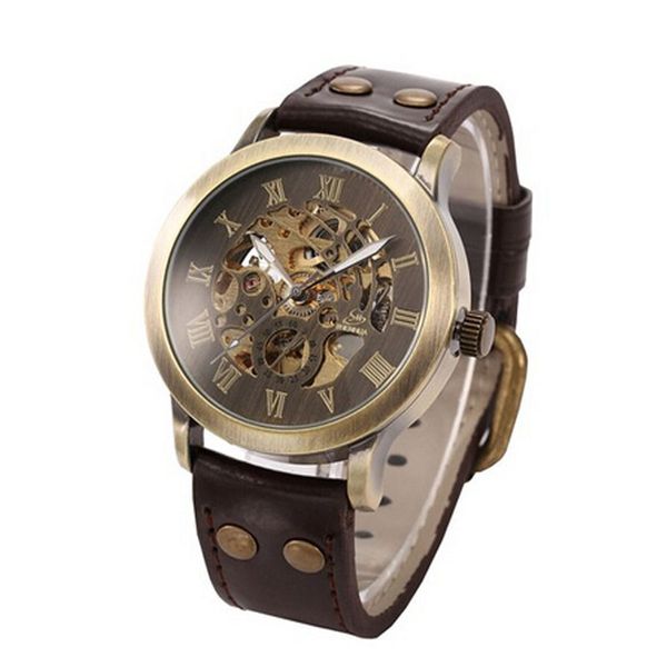

men's steampunk bronze skeleton auto mechanical leather wrist watch dropshipping, Slivery;brown