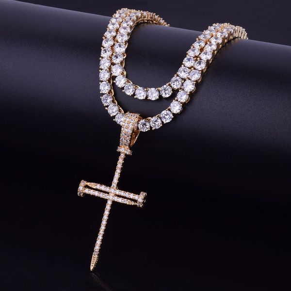 

men's nail cross pendant necklace ice out cubic zircon with 4mm tennis chain gold silver color hip hop jewelry