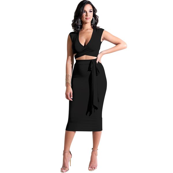 

berydress fashion two pieces women's sets clothing crop and pencil skirt v neck crisscross strap two pieces outfits, Gray