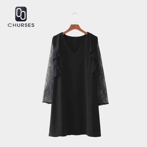 

churses ruffles lace sleeve women dress ladies v-neck three quarter sleeve straight dress 2018 spring women new mini, White;black