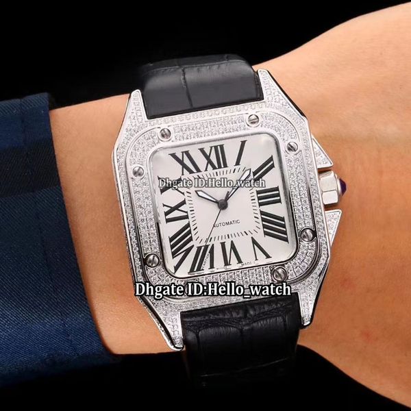 

SANTO100 X-Large Big 42mm White Dial Automatic Mens Watch Silver Diamond Case Bezel Leather Strap Cheap New Gents Sport Watches