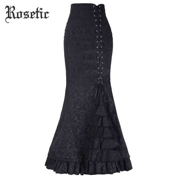 Rosetic Gothic Vintage langer Meerjungfrau-Rock, asymmetrischer Blumendruck, Spitze, Patchwork, Schnürung, hohe Taille, schwarze Gothic-Röcke