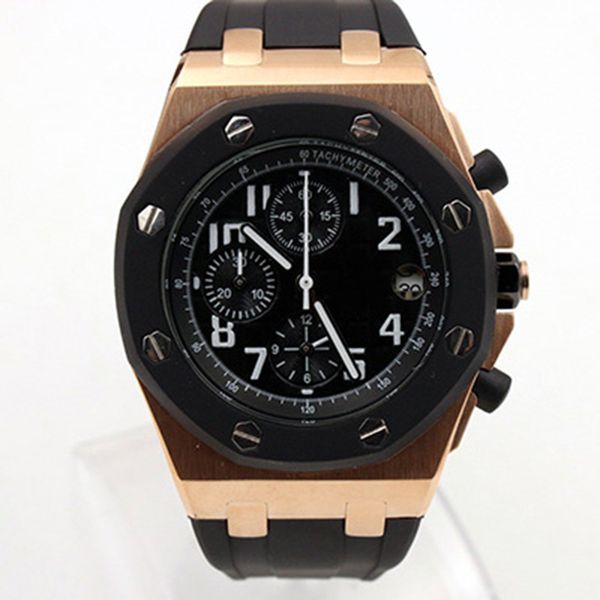 

royal oak offshore chronograph swatch clad 42 ginza rose gold case black dial leather strap quartz mens watches wristwatch, Slivery;brown