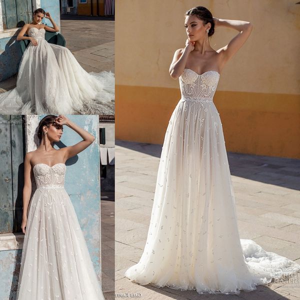 

new arrival sweetheart wedding dresses 2018 gali karten lace appliques tulle court train a line bridal gowns illusion, White