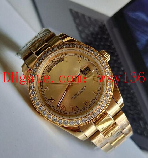 

41mm 18k yellow gold diamond bezel champagne roman dial automatic movement mens watch 118208 day date men's watches, Slivery;brown
