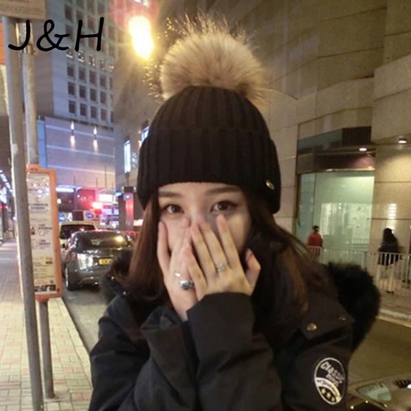 

fashion winter fur pompom hat for women girl 's warm headgear girl lady skullies hats thick female cap beast gift, Blue;gray