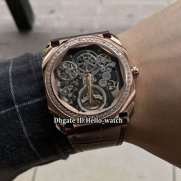 

новый octo finissimo tourbillon 102946 скелетонные автоматические мужские часы из розового золота с бриллиантом без кожаного ремня спортивны, Slivery;brown
