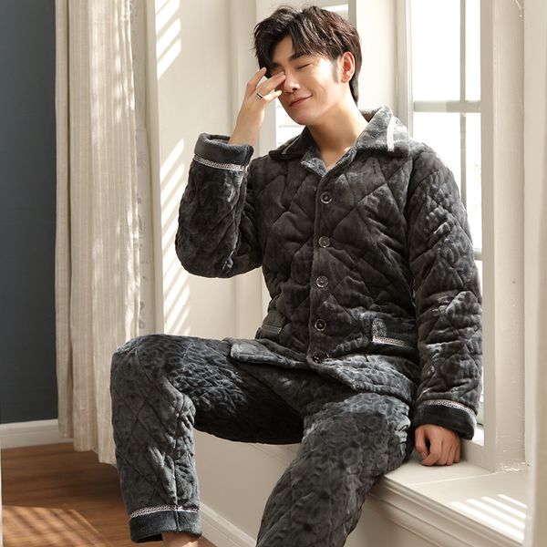 

pijama mujer winter thick warm men's flannel clip cotton pajamas set long sleeve turn-down collar soft male pyjama l-xxxl, Black;brown
