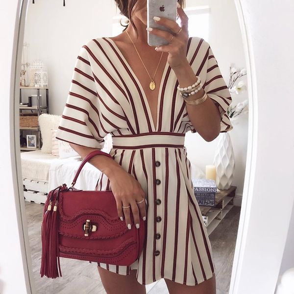 

striped button dress 2018 women's vacation bohemian beach dress deep v neck loose dresses summer casual women dresses, Black;gray