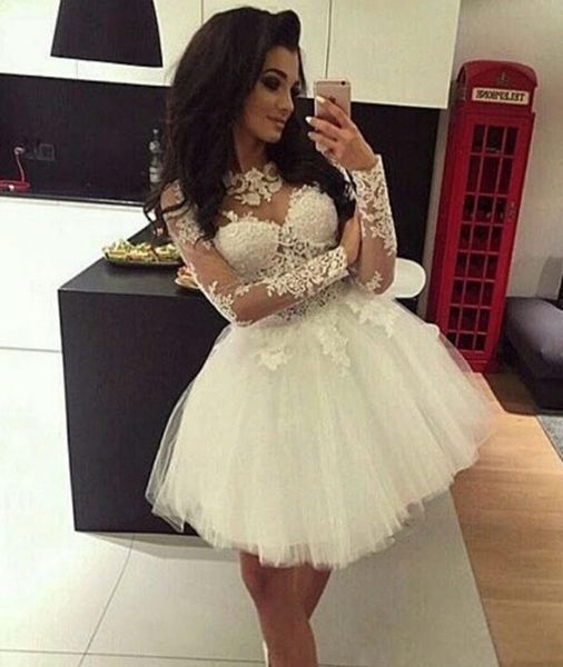 

simple cocktail dresses 2018 jewel white tulle illusion long sleeve lace applique short mini a line party graduation formal homecoming gowns, Black