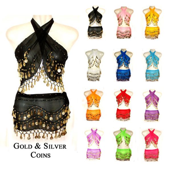 

2015 new 2 pieces belly dance costume set warp hip scarf belt style golden coins for women 12 colors, Black;red