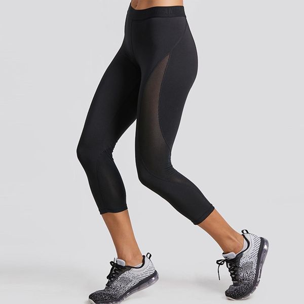 

women's sports cropped tights slimming mesh training capri leggings, Black;blue