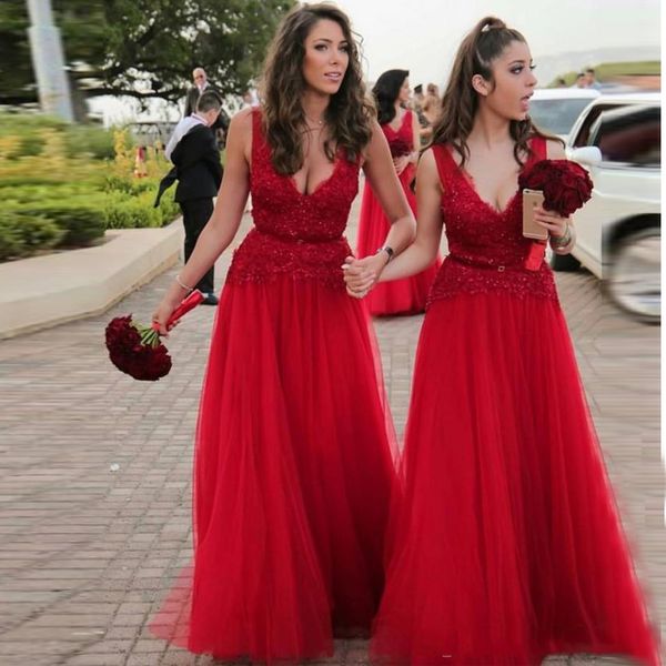 

2019 deep v neck red bridesmaid dresses a line lace sequins sleeveless wedding guest dress custom made prom gowns, White;pink