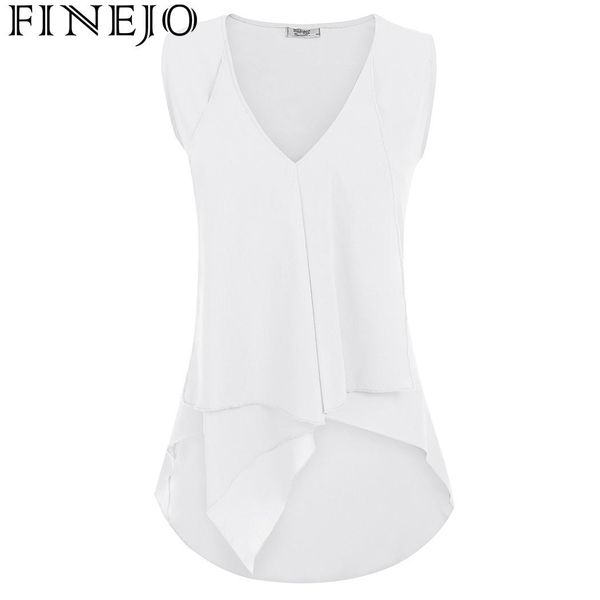 

finejo fashion v-neck sleeveles asymmetry hem solid tank women, White