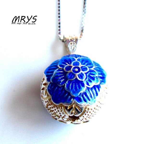 

new blue round ball ethnic cloisonne enamel 925 sterling silver chain necklace pendant women girls chistmas gift fashion jewelry