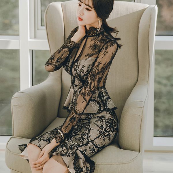 

mingjiebihuo fashion winter autumn perspective hollow stand dress new arrival long sleeve wild slim party lace girls dress, White;black