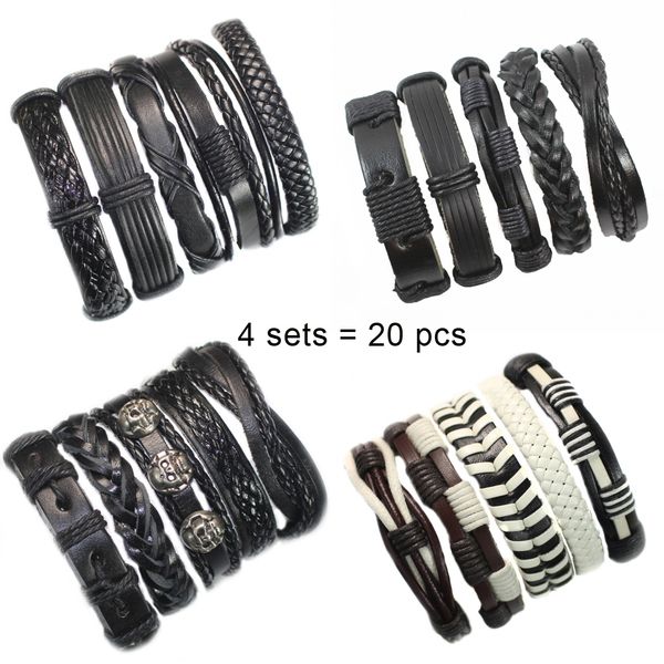 

wholesale 4 sets/20pcs handmade wristband leather charm bracelet men jewelry vintage braided leather bracelet for men male yt9, Golden;silver