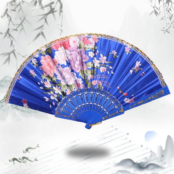 

7 colors chinese vintage fancy folding fan hand plastic lace silk flower dance fans party supplies for women gift
