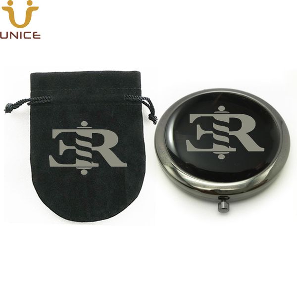 

moq 100 pcs custom your logo black color pocket cosmetic compact mirror & customized velvet bag girls handbag purse mirrors 70mm