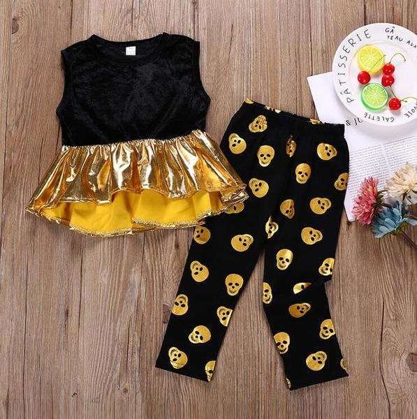 

halloween kid baby girls velvet + pants 2pcs set oufit goldern silvery skull summer baby girls clothing toddler fashion boutique costume, White