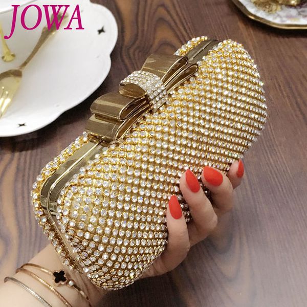 

2017 women's fashion evening bags shiny diamonds handbags wedding party mini clutches socialite bow gold night purse chains bag