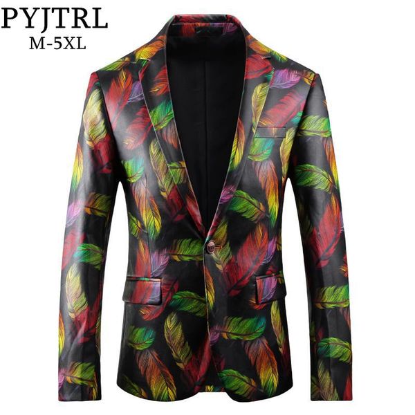 

pyjtrl male fashion plus size feather pattern pu leather casual blazer men clothes 2018 slim fit suit jacket, White;black