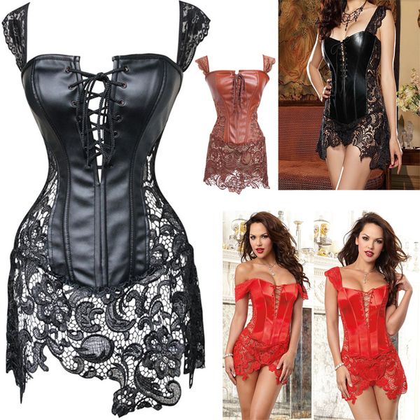 

women's underwea shapers 2019 steampunk faux leather waist training lace up steel boned bustier corset overbust brocade plus size s-6xl, Black;white