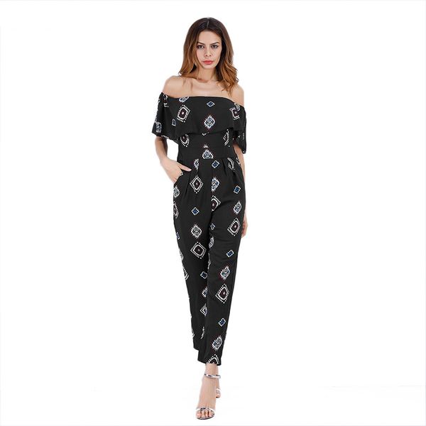 

off shoulder floral print jumpsuits backless club rompers womens jumpsuit strapless full bodysuit summer casual trousers, Black;white