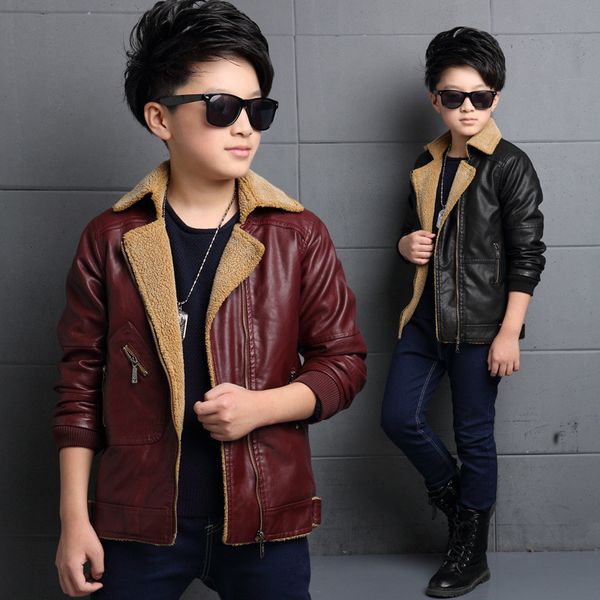 

kids fur leather jacket gentleman solid zip jacket coat for 4-14years children boys girls thick warm outerwear coat, Blue;gray