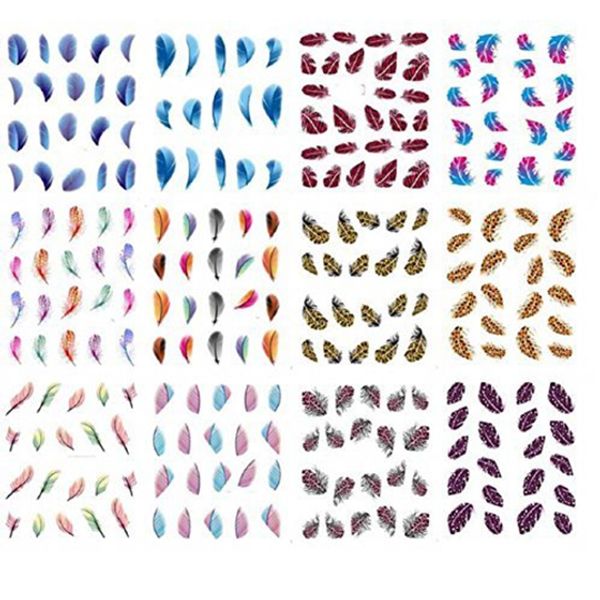 

12pcs / lot colorful water transfer nail stickers feathers art tips, Silver;gold