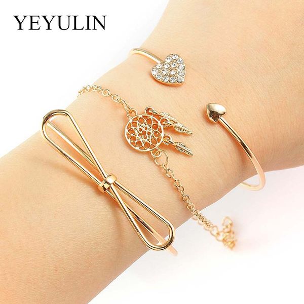 

3pcs/set fashion golden bowknot bow love heart lotus feather open cuff bangle bracelet woman girl party gift jewelry accessories, Black