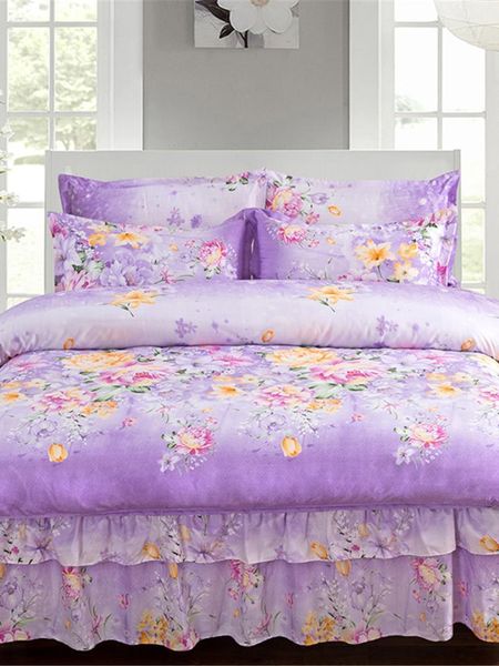 

4pcs duvet cover set simple brightness flowers printed double layers bedskirt suit