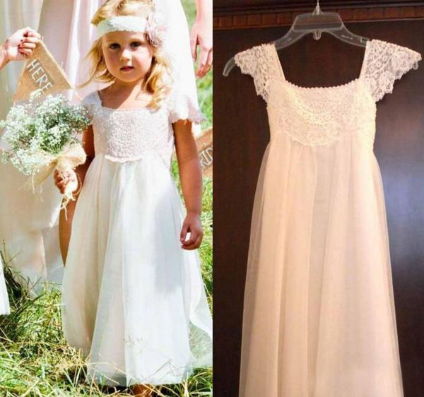 

lovely lace tulle flower girl dress capped sleeves scoop neck country style kids formal gowns for wedding party with sash custom made, White;blue