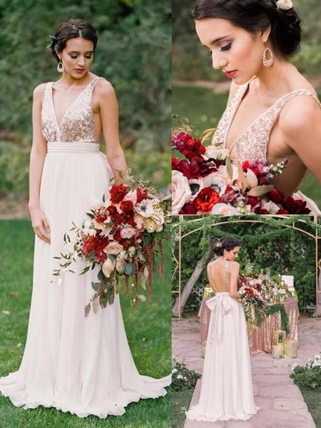 

modest rose gold sequins bridesmaid dresses v neck backless chiffon long bridesmaid dress with big bow robes de demoiselles d'honne, White;pink