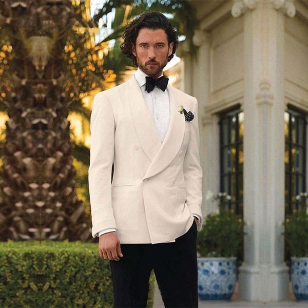 

new ivory mens wedding suits formal mens suits double breasted grooms tuxedos for prom party (jacket+pants+bow tie, White;black