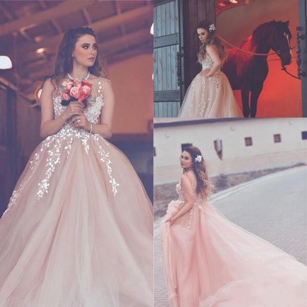 

Arabic 2018 Light Pink Sheer Neck Appliques A Line Wedding Dresses Sleeveless Backless Long Wedding Reception Wear Formal Gowns Custom Made, White