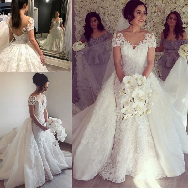 

lace mermaid wedding dresses with detachable train short sleeve beads appliques backless bridal gowns vestidos de novia, White
