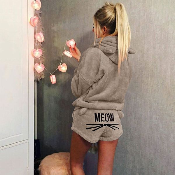 

Cute Cat Meow Embroidery Womens Sweet Pajamas Suit Long Sleeve Hooded Tops and Shorts Female House Clothing