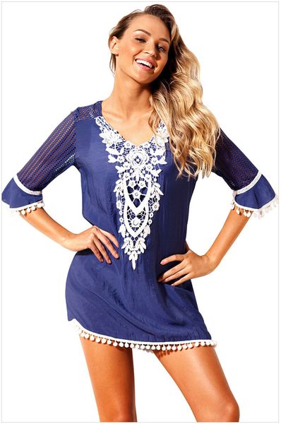 

s  l xl xxl women boho dress vintage blue crochet pom pom trim beach wear tunic robe de plage vestidos sundress dlm42231, Black;gray
