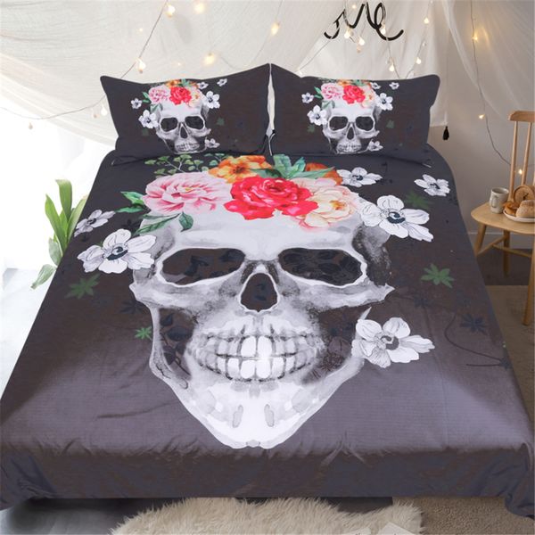

3d vivid skeleton black suger skull pink flower bedding set design usa au twin full  king bedclothes duvet cover pillowcase