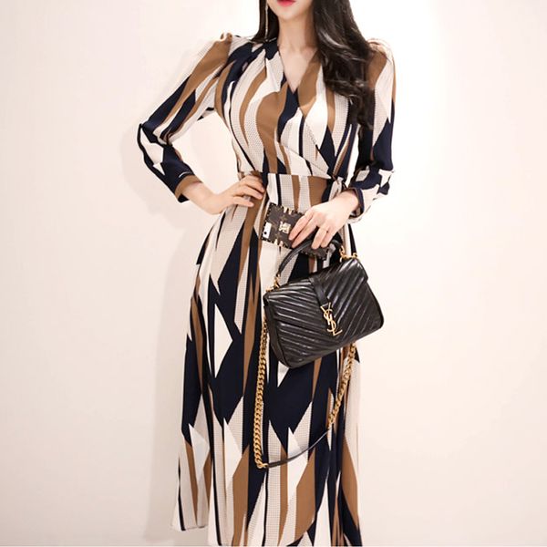 

striped print dress women 2018 autumn korean style v-neck bow bandage loose dresses vintage long swing vestidos, White;black